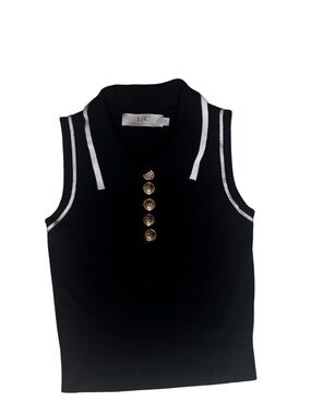 Lizette Collection Black Sleeveless Polo Top with White Trim and Gold Buttons